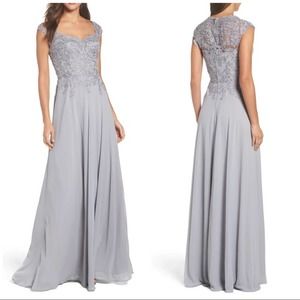 La Femme Gray Lace Maxi Dress